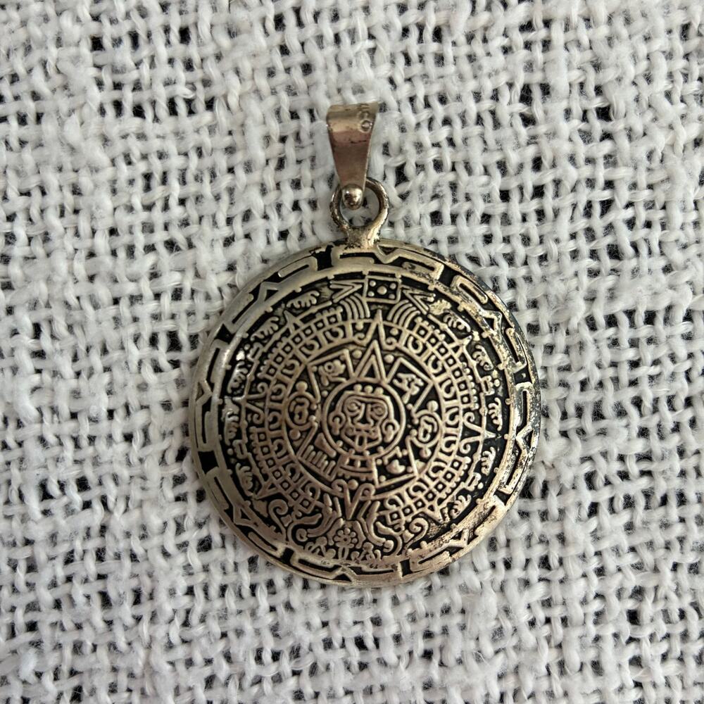 Mexican Sterling Silver Aztec Calendar Pendant Medallion 1.5" Double 925 B1GQ